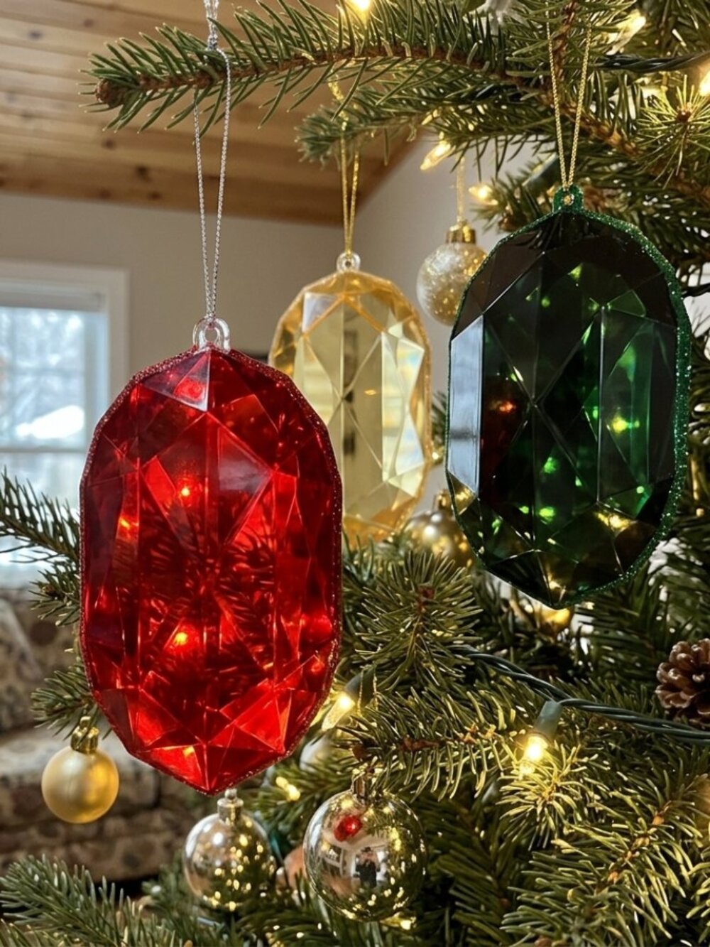 6.5" Oval Gem Christmas Ornament Faceted Plastic Jewel Tree Decor Red Green Gold